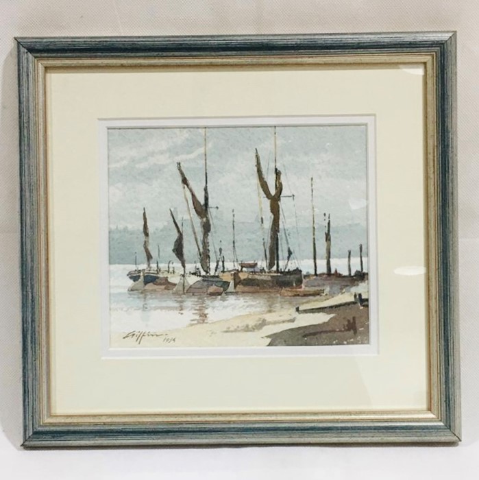 "Thames Barges - Woolwich Reach" a framed watercolour by Brian Giffin, dated 1994 - Overall size