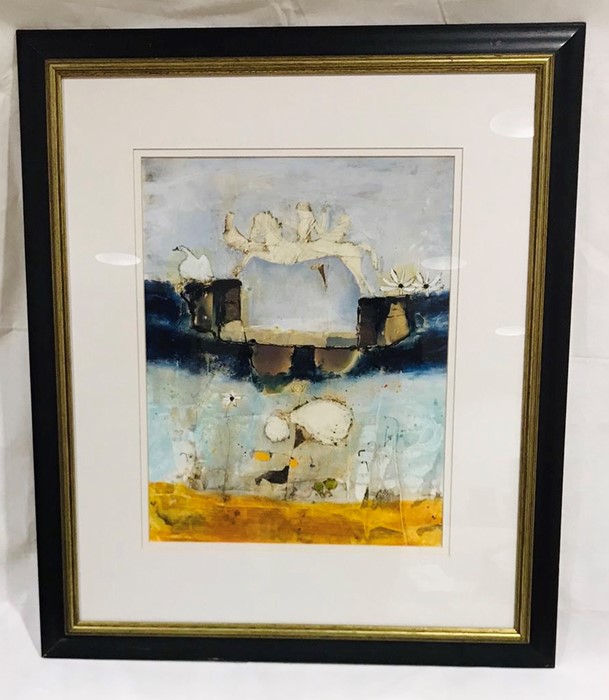 A framed abstract mixed media picture signed by the artist Leo McDowell - overall size 92cm x 78cm