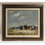 A framed unsigned impressionist oil on canvas of an Edwardian style beach scene. Overall size 72cm x