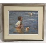 A framed oil on canvas entitled "Seaside Day" signed by artist Wilson Chu. Overall size 63cm x 73cm