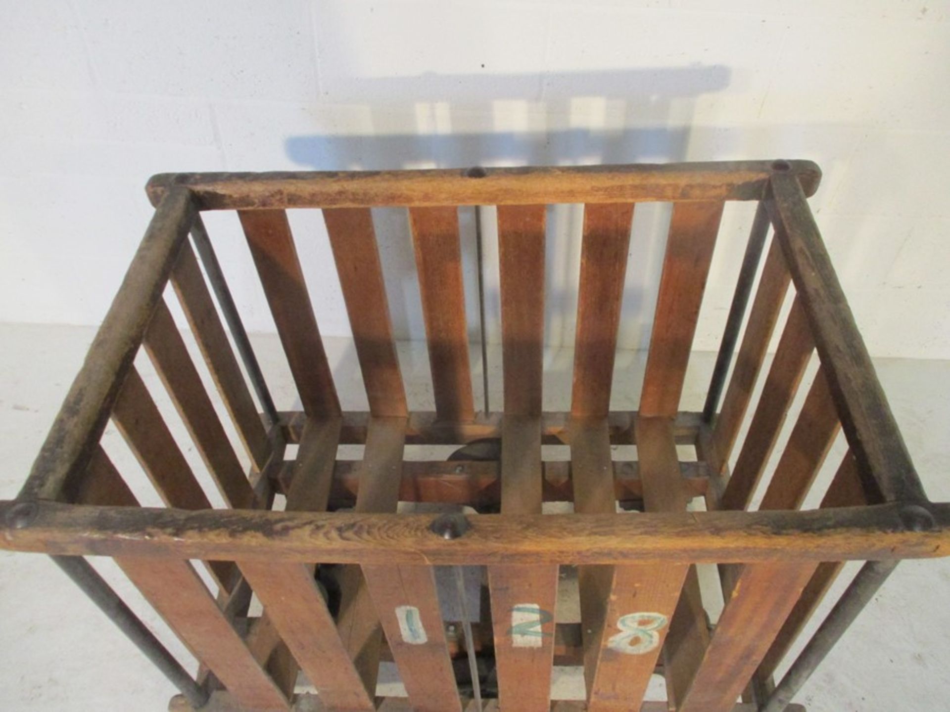 An industrial slatted wooden bobbin tilt trolley - length 107cm, width 66cm - Image 4 of 5