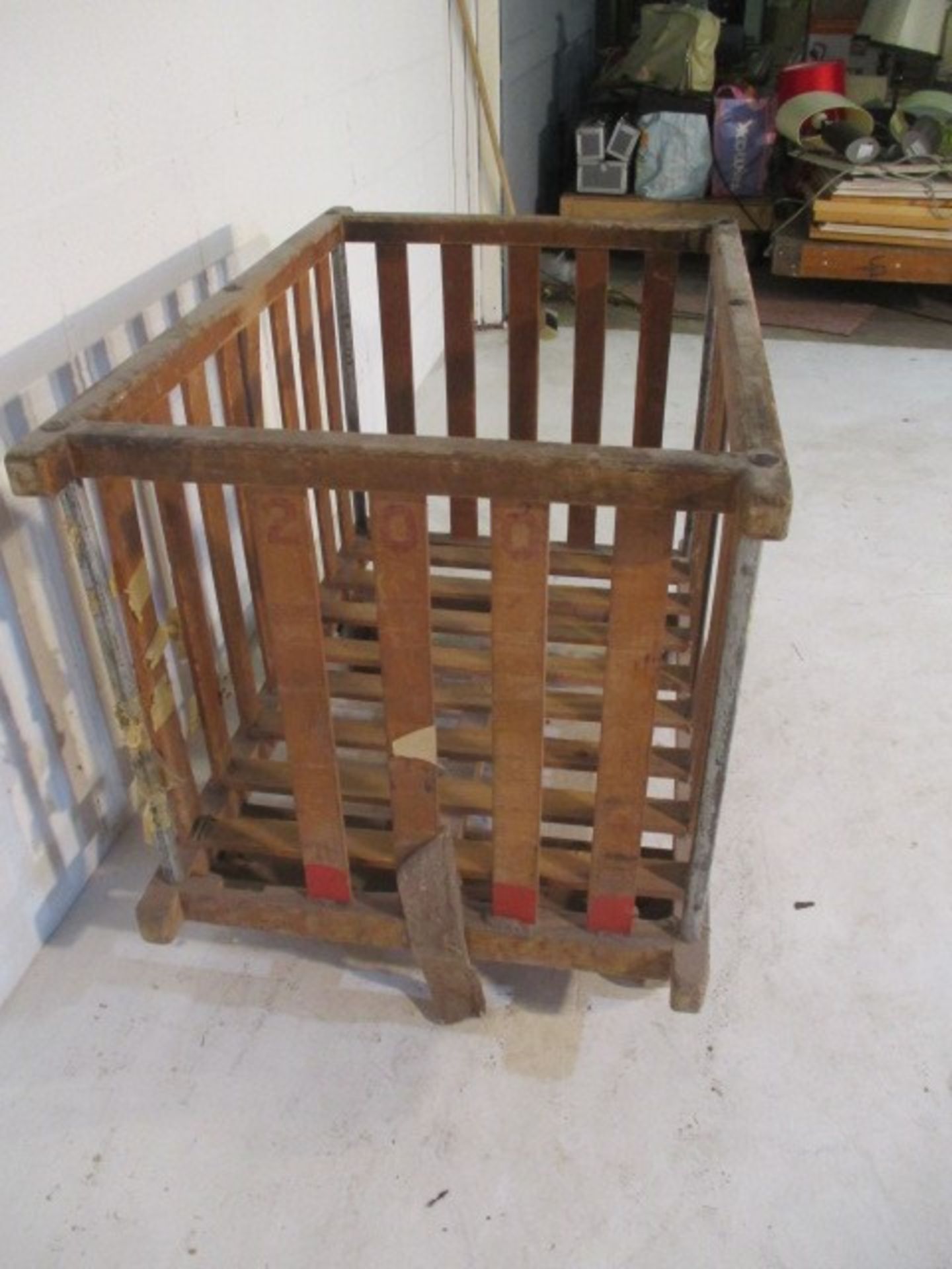 A slatted wooden bobbin trolley - length 110cm, width 70cm, missing a wheel - Image 3 of 7