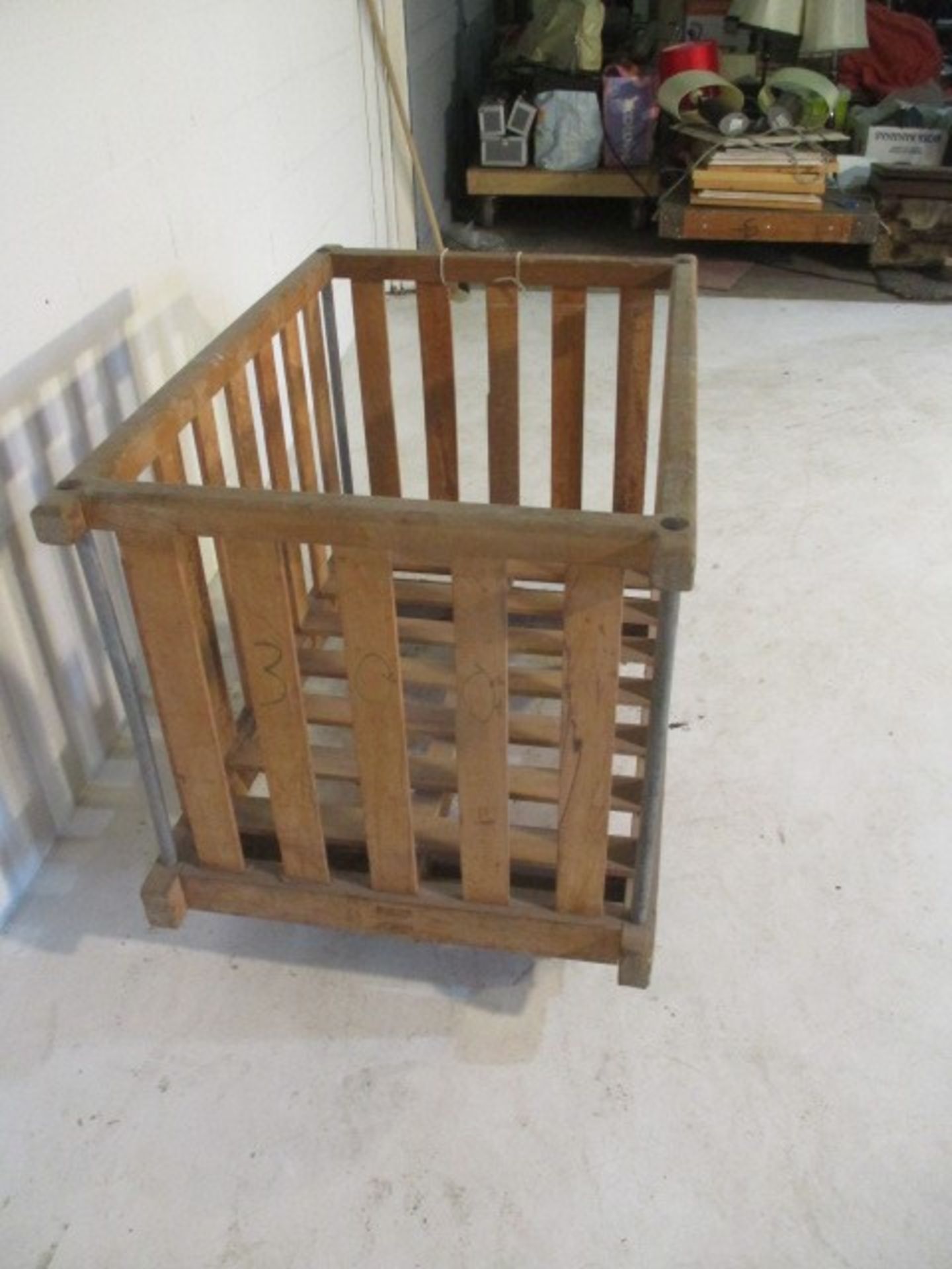 An industrial slatted wooden bobbin trolley - length 106cm, width 69cm - Image 2 of 5