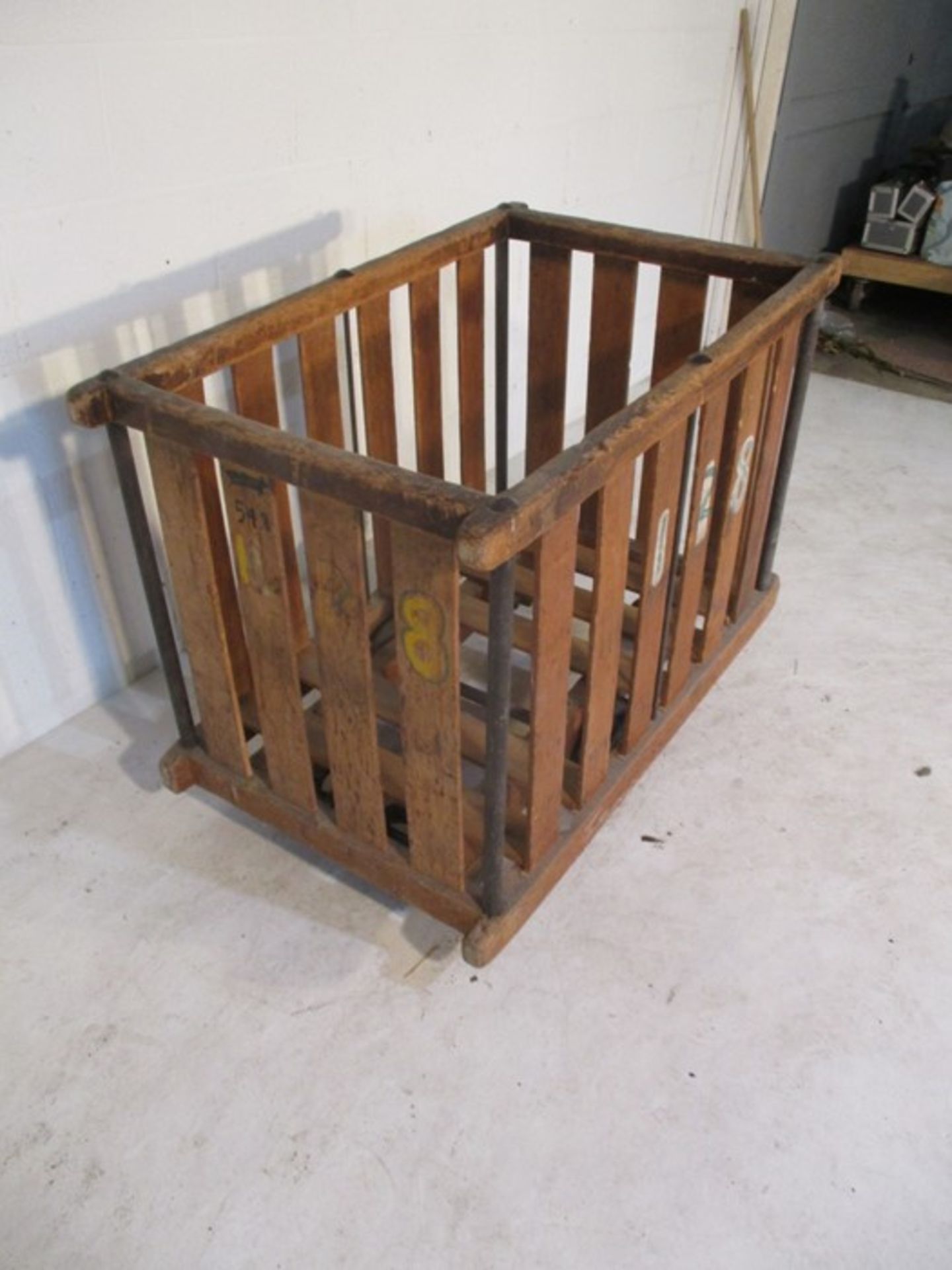 An industrial slatted wooden bobbin tilt trolley - length 107cm, width 66cm - Image 2 of 5