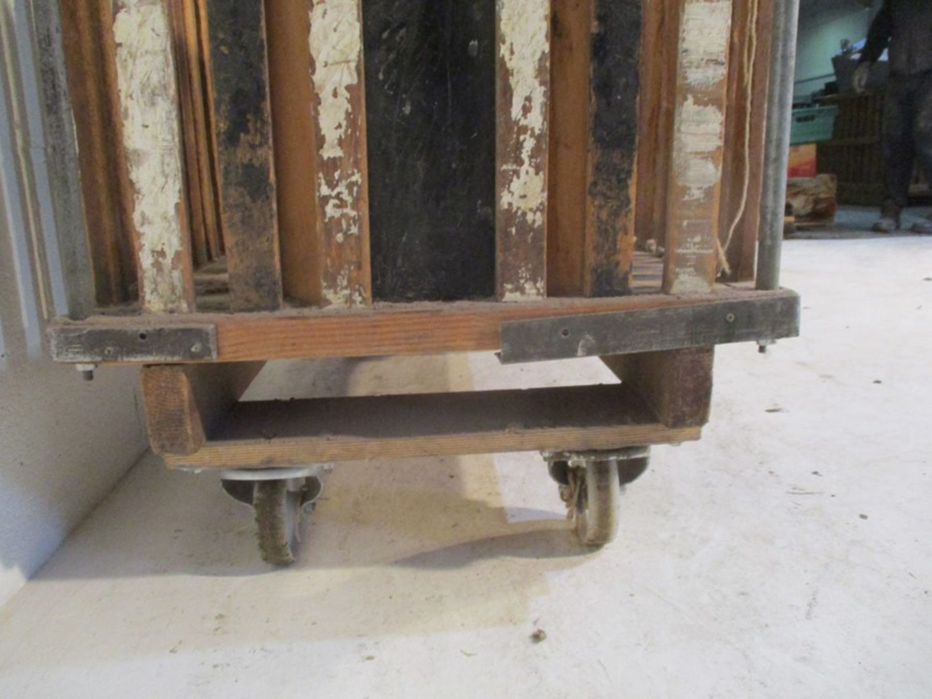 An industrial wooden bobbin trolley length 132cm, width 72cm - Image 3 of 8