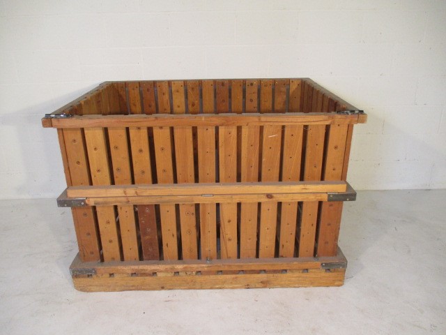 A large slatted crate with drop down side, 143cm x 106cm x 94cm