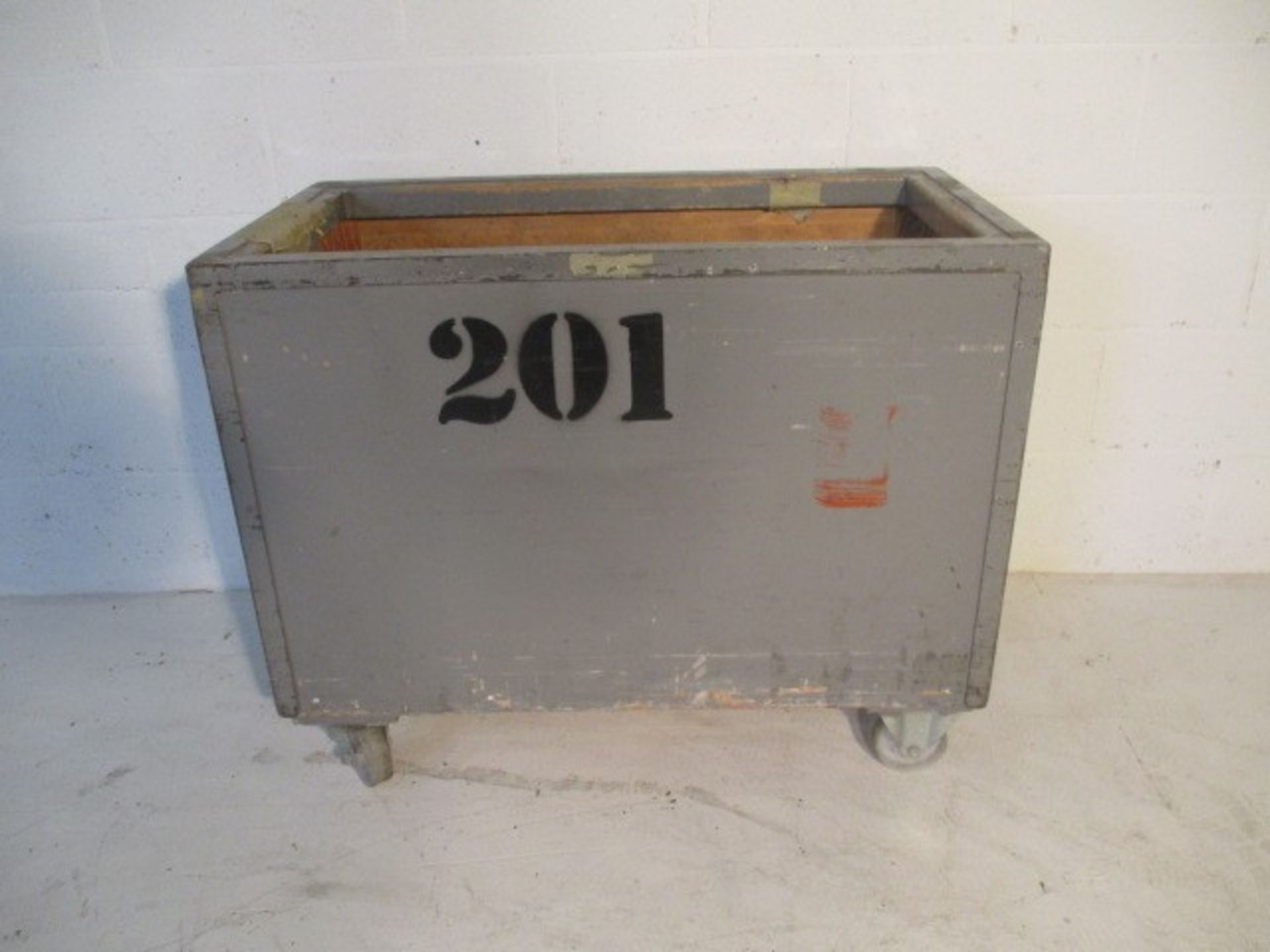 A painted wooden trolley with metal edging, 94 cm x 51 cm