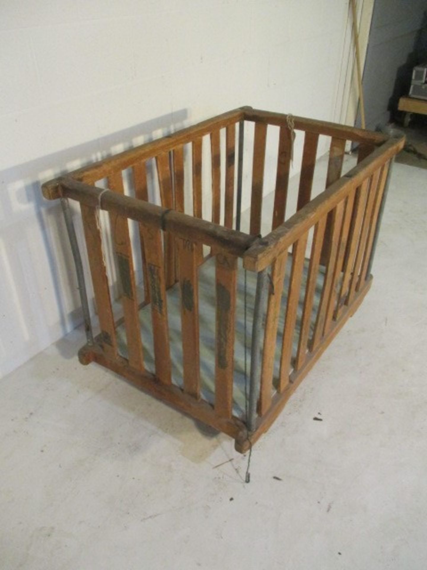 A slatted wooden bobbin trolley - length 108cm, width 70cm - Image 2 of 5