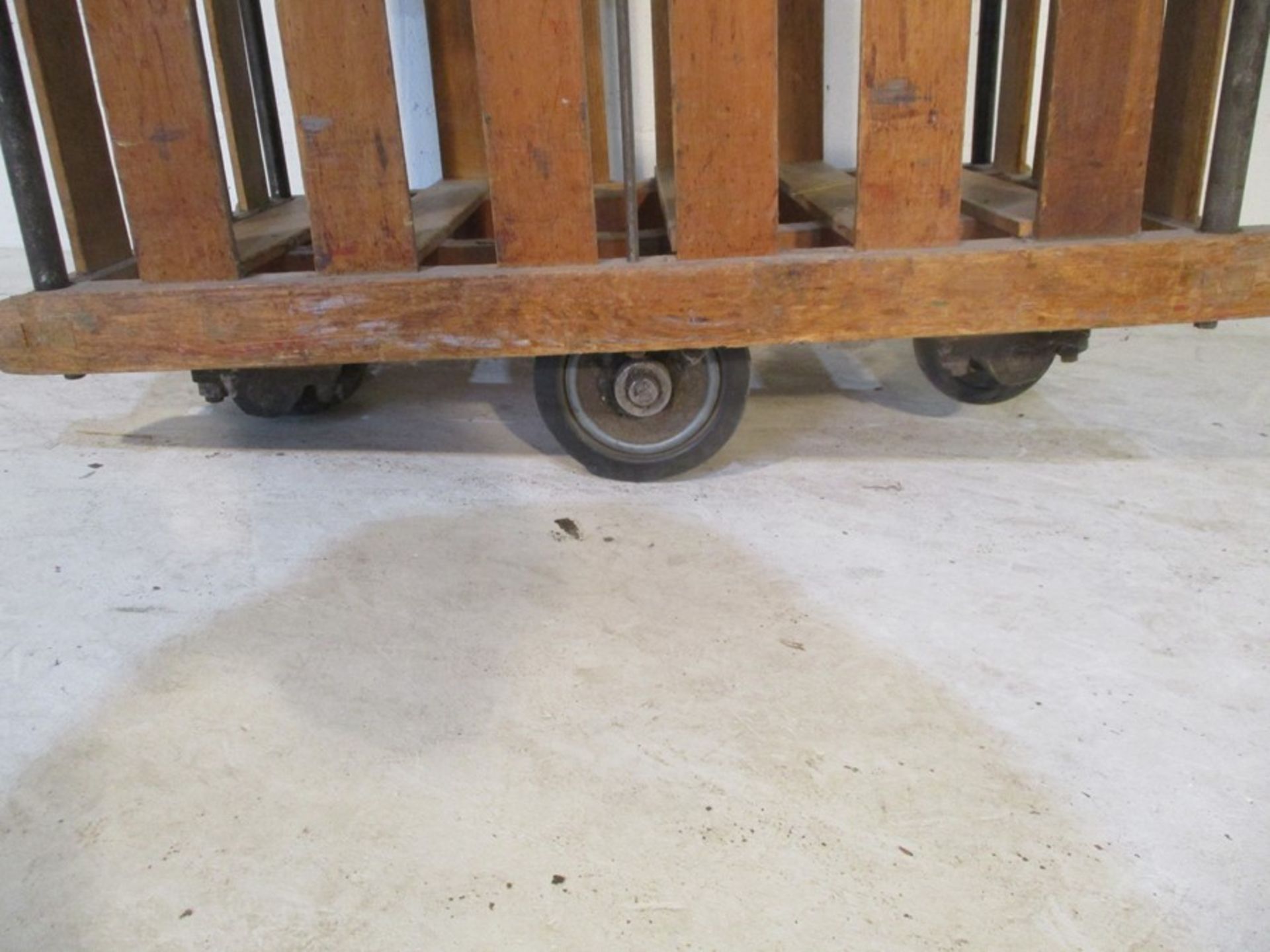 An industrial slatted wooden bobbin tilt trolley - length 107cm, width 66cm - Image 5 of 5