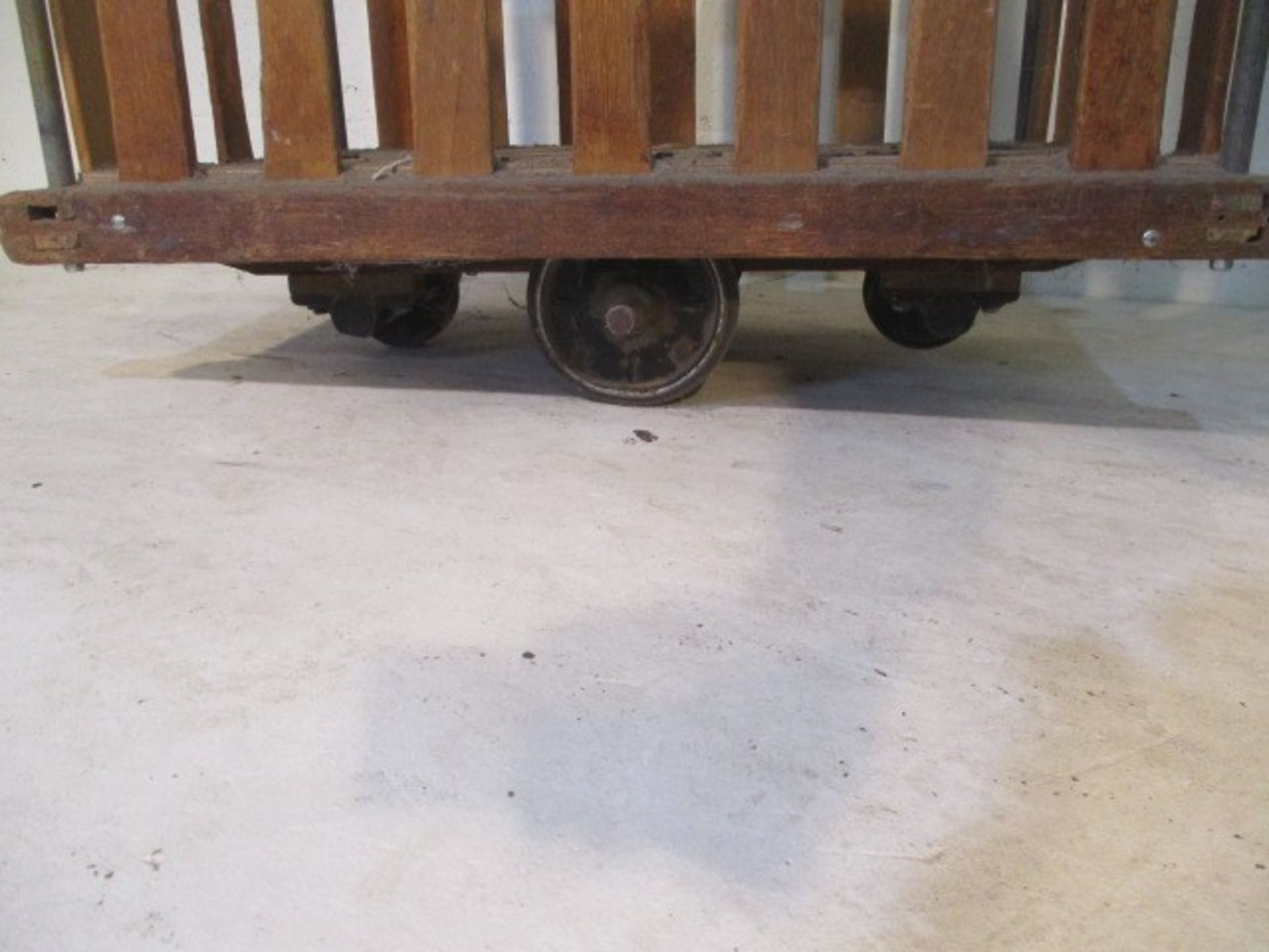 An industrial slatted wooden bobbin tilt trolley - length 106cm, width 70cm - Image 5 of 5