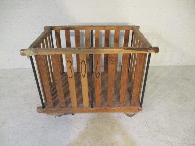 An industrial slatted wooden bobbin trolley - length 109cm, width 70cm