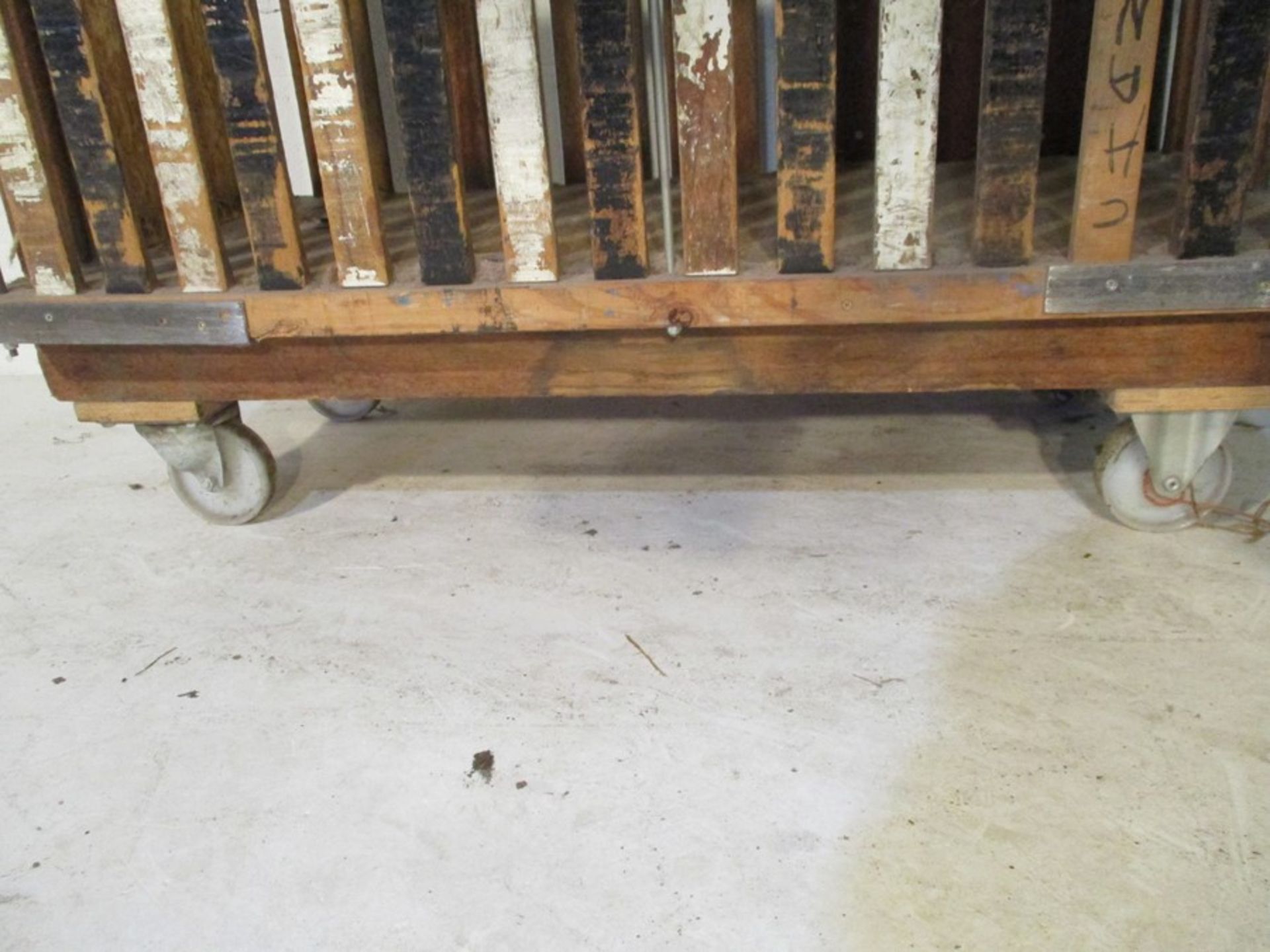 An industrial wooden bobbin trolley length 132cm, width 72cm - Image 8 of 8