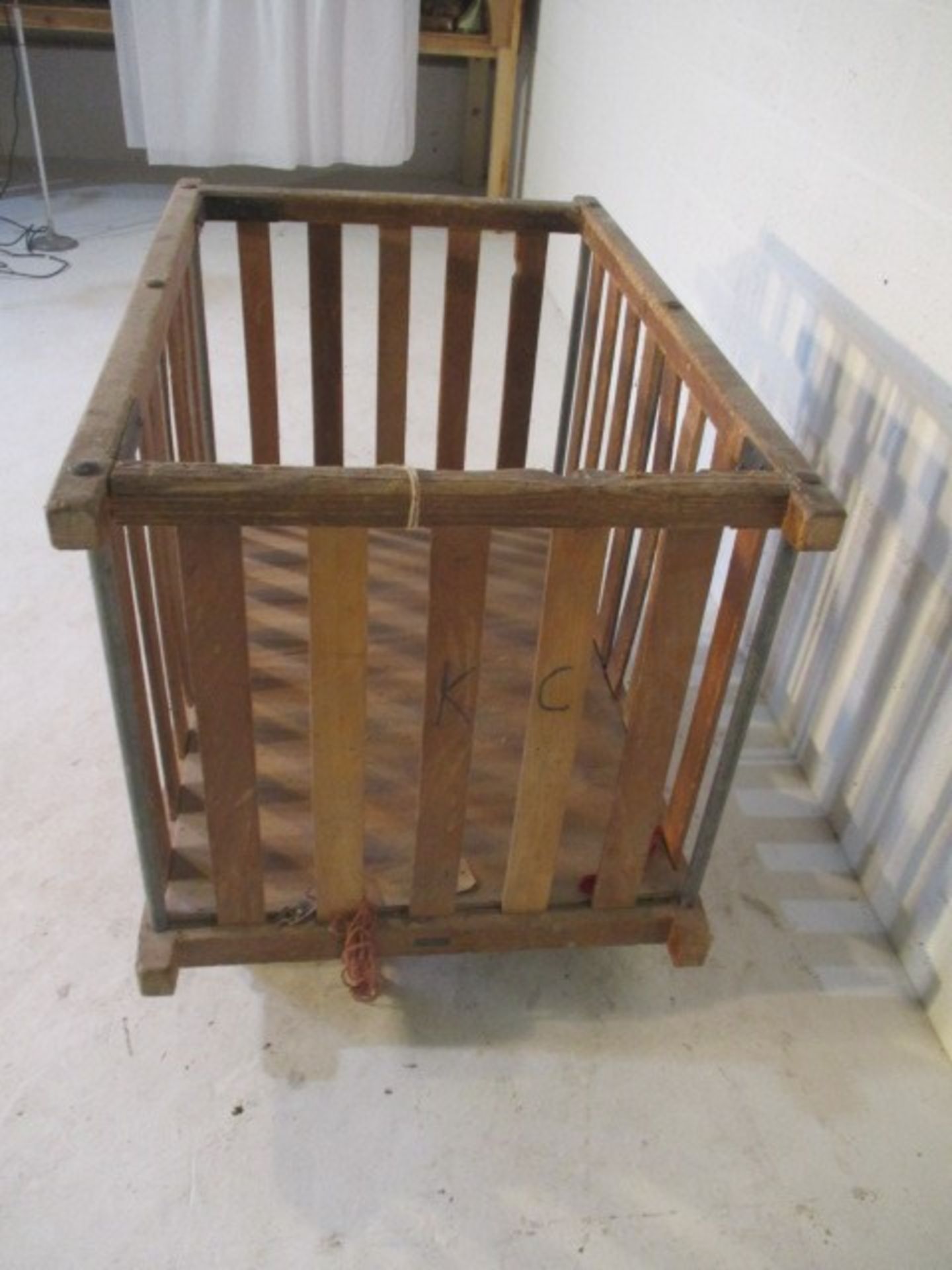 An industrial slatted wooden bobbin trolley - length 109cm, width 70cm - Image 6 of 7