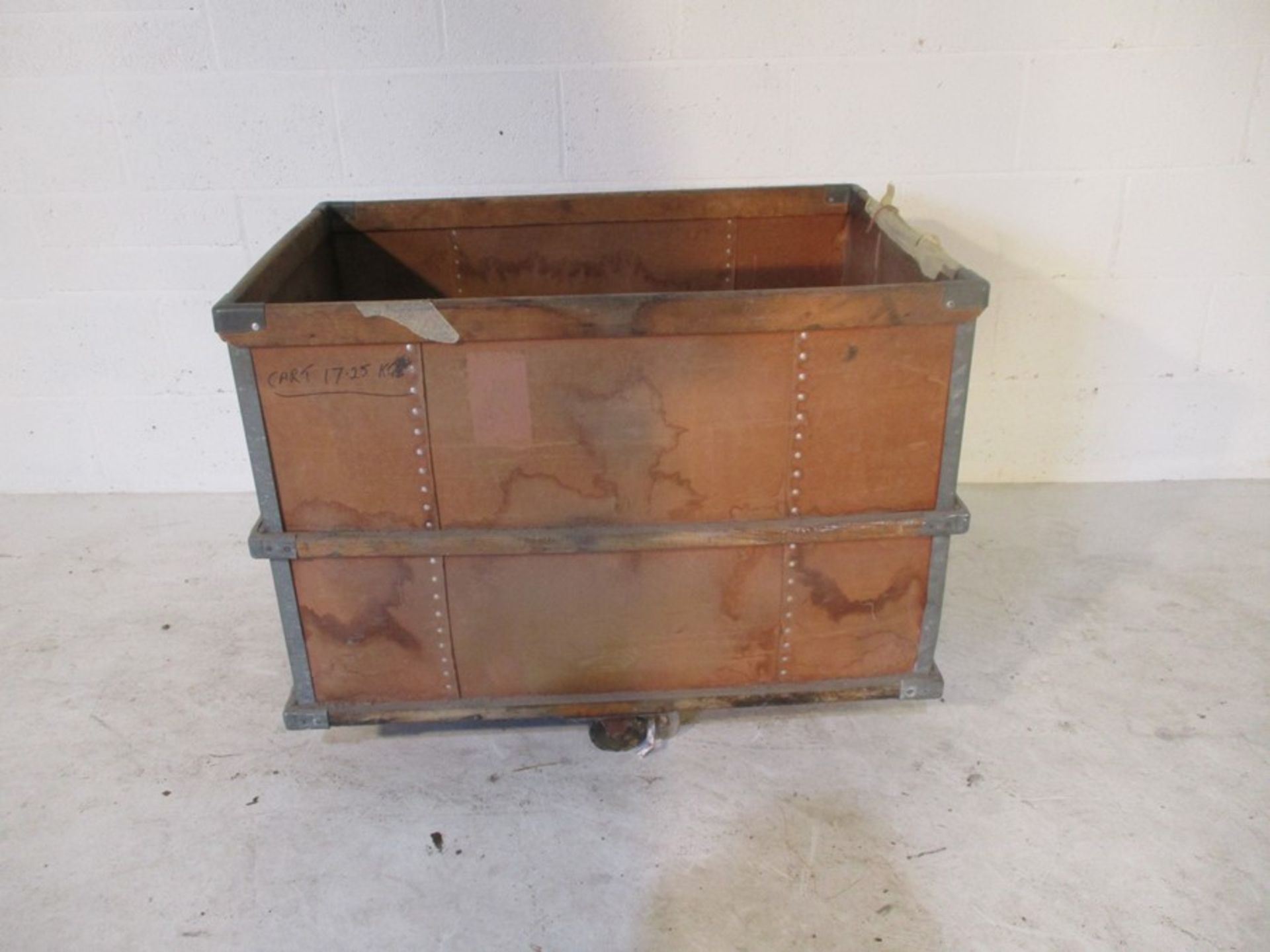 An industrial storage trolley with wooden edging - length 94cm, width 64cm