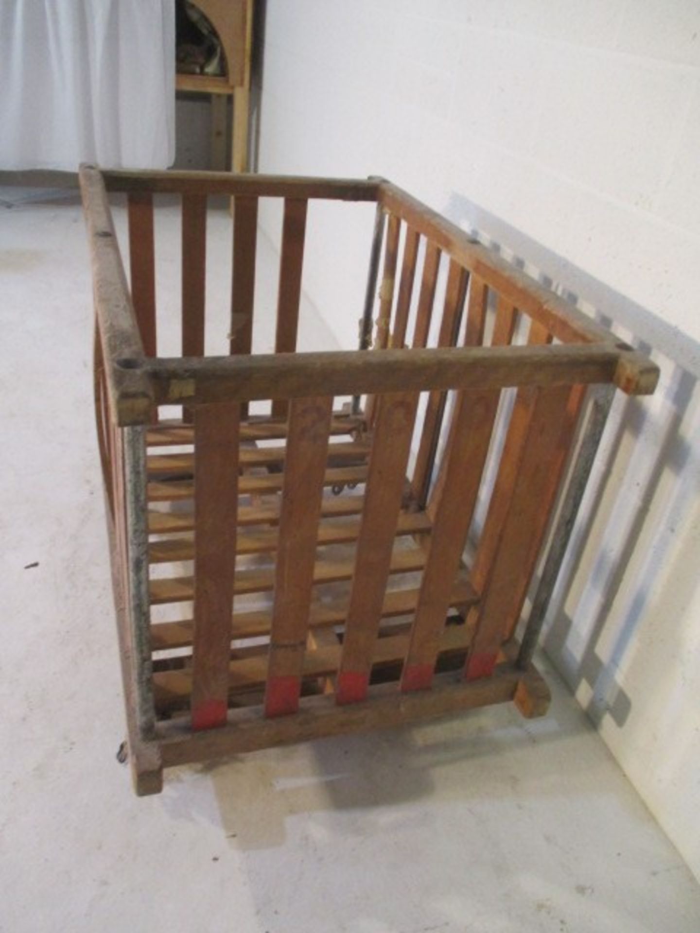 A slatted wooden bobbin trolley - length 110cm, width 70cm, missing a wheel - Image 6 of 7