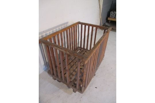 An industrial wooden bobbin tilt trolley with rounded uprights - length 108cm, width 70cm - Image 2 of 8