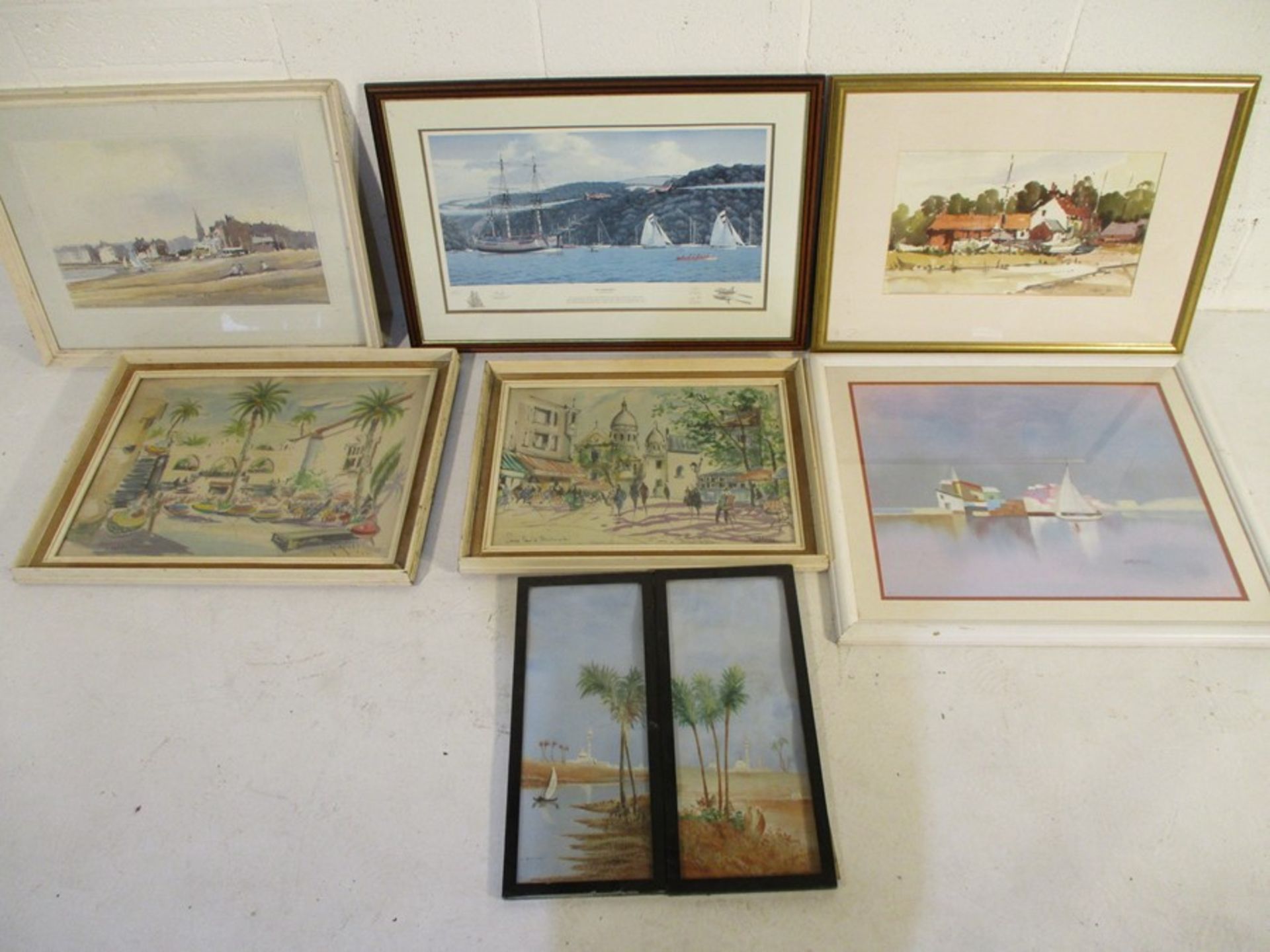 A collection of various framed watercolours, prints etc, including a watercolour of Weymouth beach