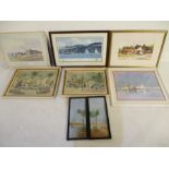 A collection of various framed watercolours, prints etc, including a watercolour of Weymouth beach