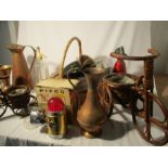 A collection of miscellaneous items including soda siphons, copper, alpine hat, basket etc.