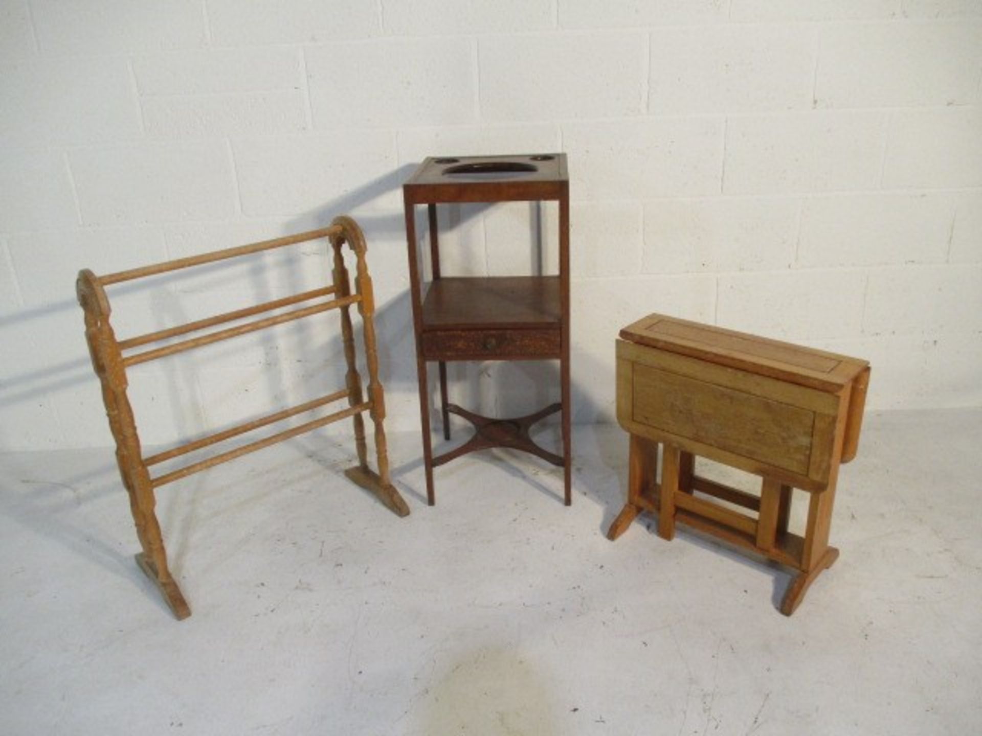 A small dropleaf table, washstand and towel rail