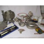 A collection of items including silver plated pieces, Aynsley China, pair of candlesticks, Vallauris