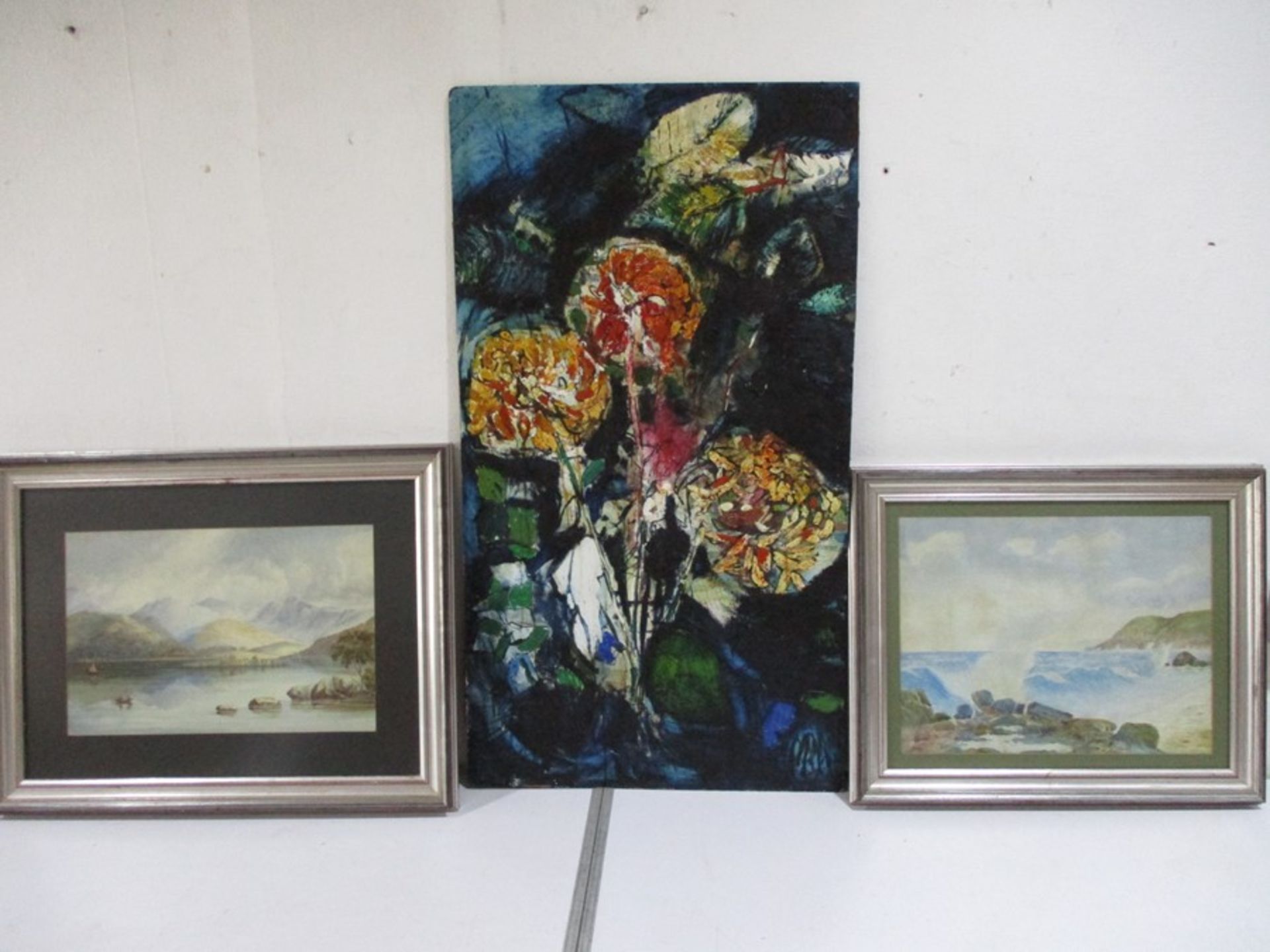 Two watercolour paintings, one of a lake scene and the other a seascape along with an acrylic work