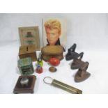 Various miscellaneous wooden and metal items including three irons, two wooden boxes, a toilet