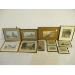 A collection of framed watercolours, prints etc, including a watercolour of cottages by G.Miller & a