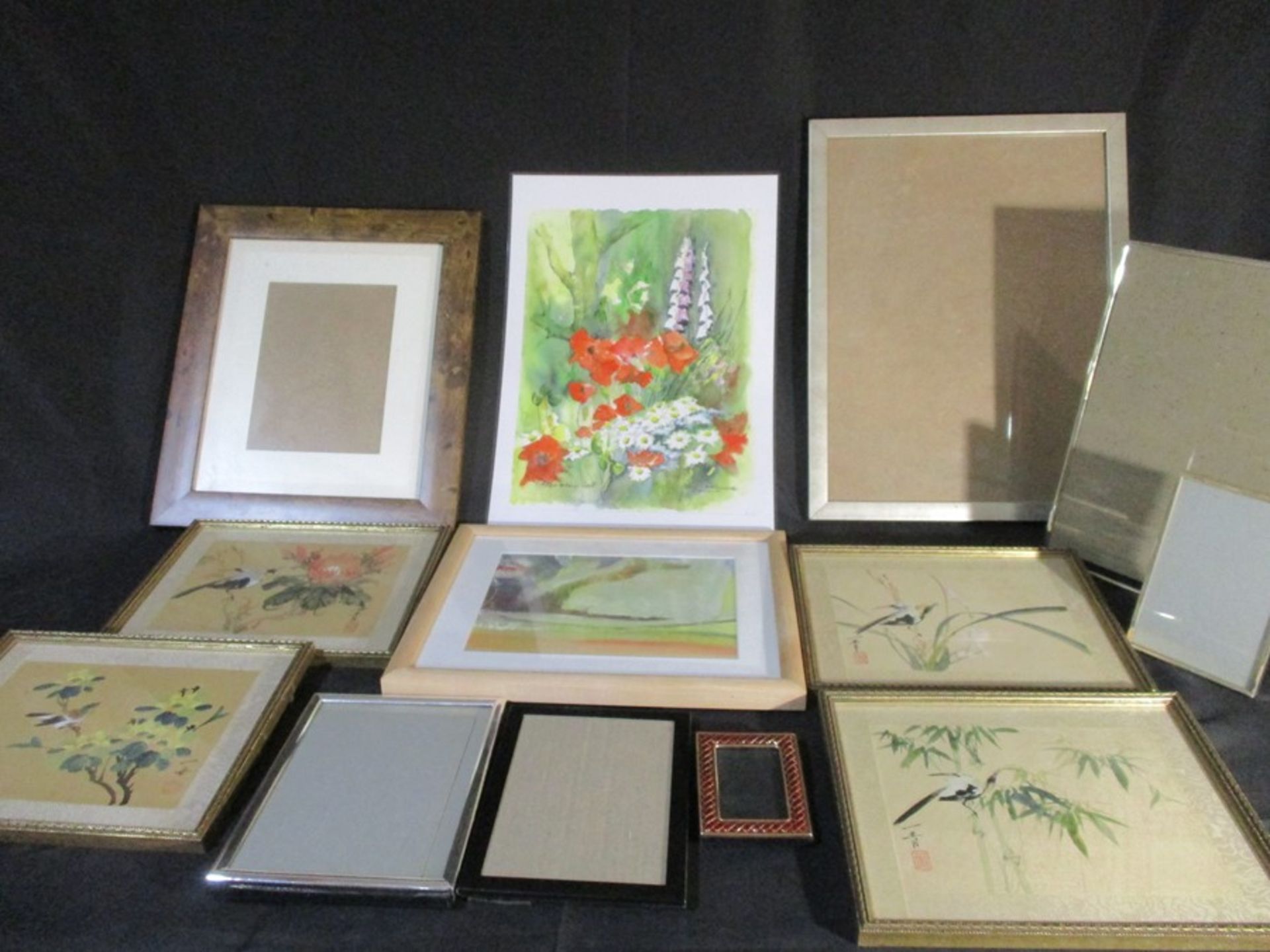 A set of four framed oriental paintings, along with a selection of various sized frames, mounts, - Image 2 of 15