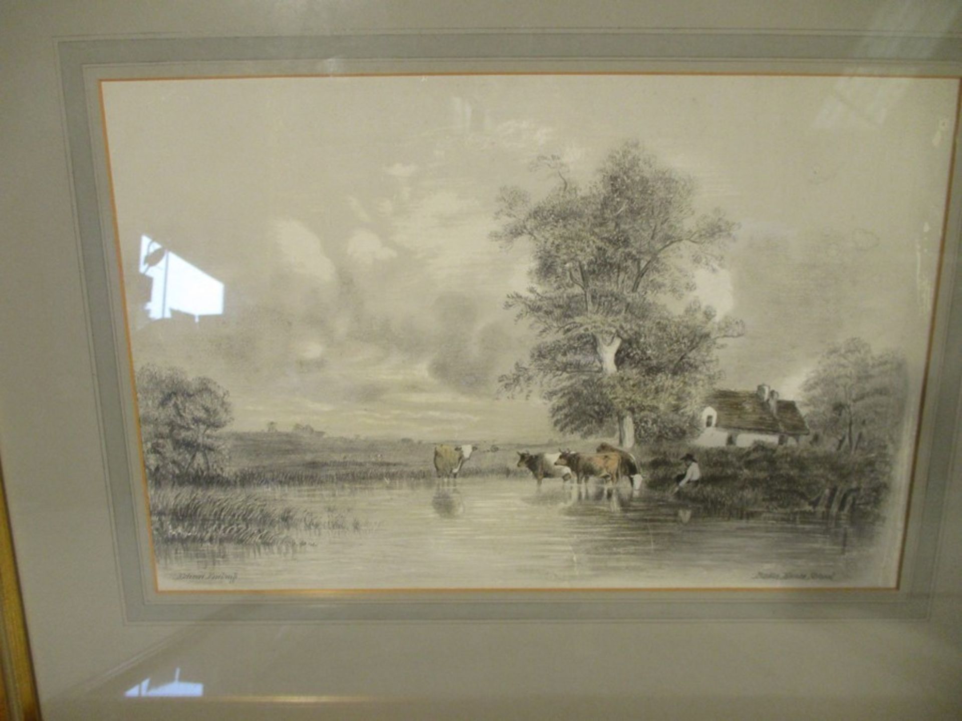 A collection of framed watercolours, prints etc, including a watercolour of cottages by G.Miller & a - Image 2 of 10