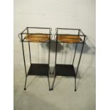 A pair of wrought iron and seagrass occasional tables