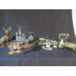 A collection of various items including candlesticks, silver plated part condiment set etc
