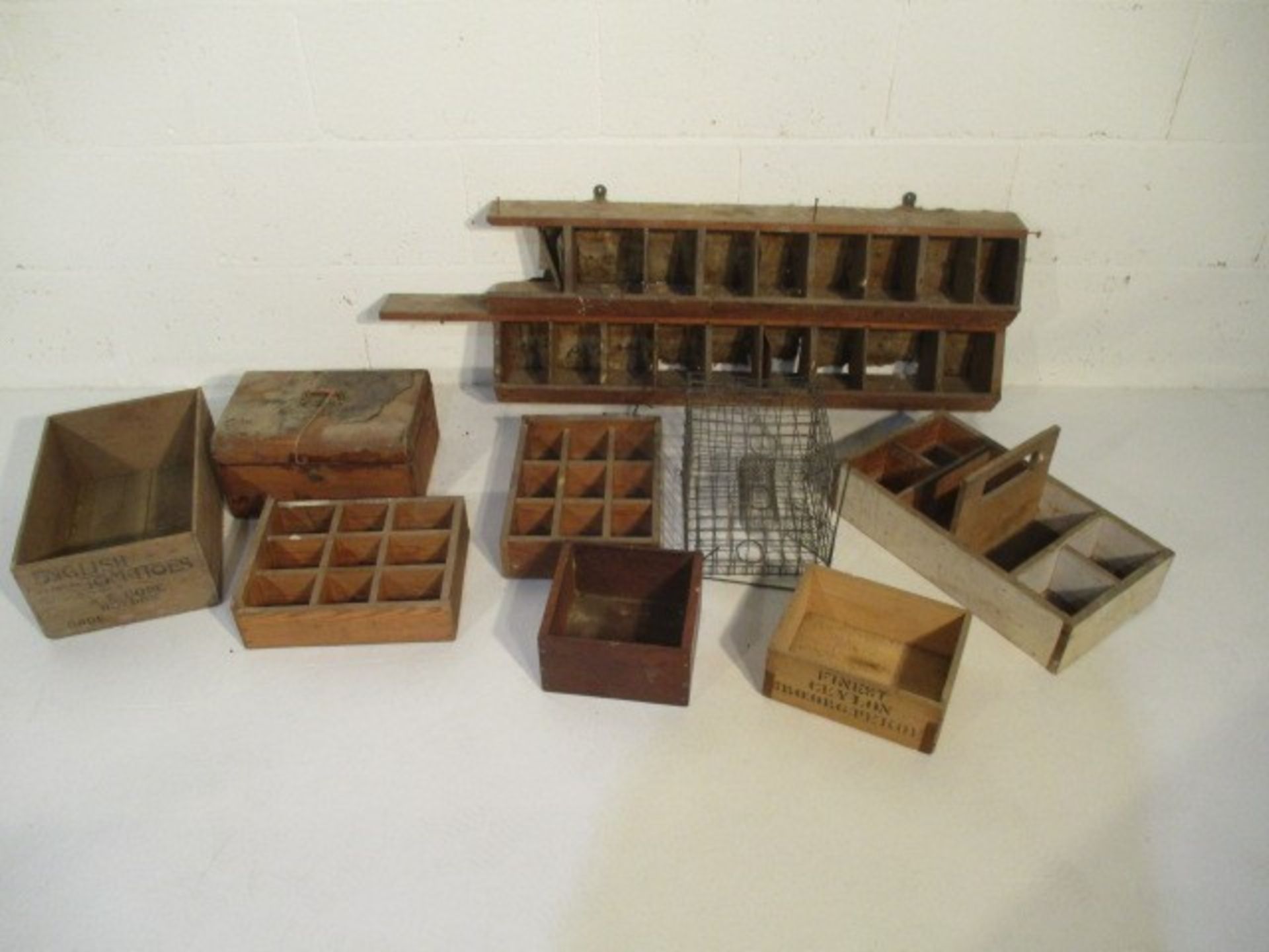 A selection of vintage wooden crates, shelving, boxes etc