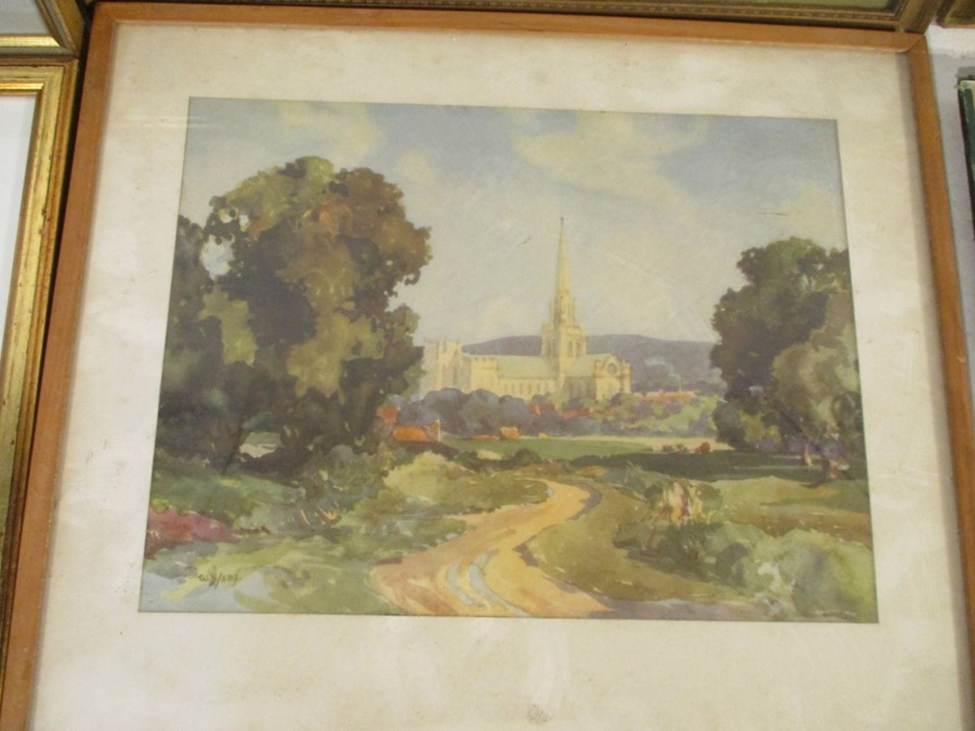 A collection of framed watercolours, prints etc, including a watercolour of cottages by G.Miller & a - Image 4 of 10