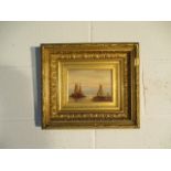 A framed Dutch oil painting of fishing boats, indistinct signature - Overall size 38cm x 33cm