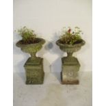 A pair of concrete garden urns on plinths