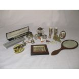 A collection of various items including a parker pen, silver plated items, miniature lead huntsman