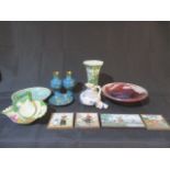 A collection of china including Delft tiles and pottery, pair of eastern style vases. a ceramic bowl