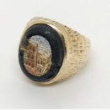 A 9ct gold signet ring (A/F) set with micro mosaic