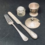 A small collection of hallmarked silver items including an egg cup etc