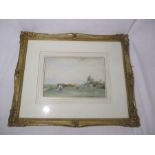 A framed watercolour of a rural scene with a cow being milked, signed by 19th century Dutch artist