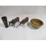 Two wood & metal African cows, along with a hand turned walnut bowl by N.Ager and Mulberry Froebel