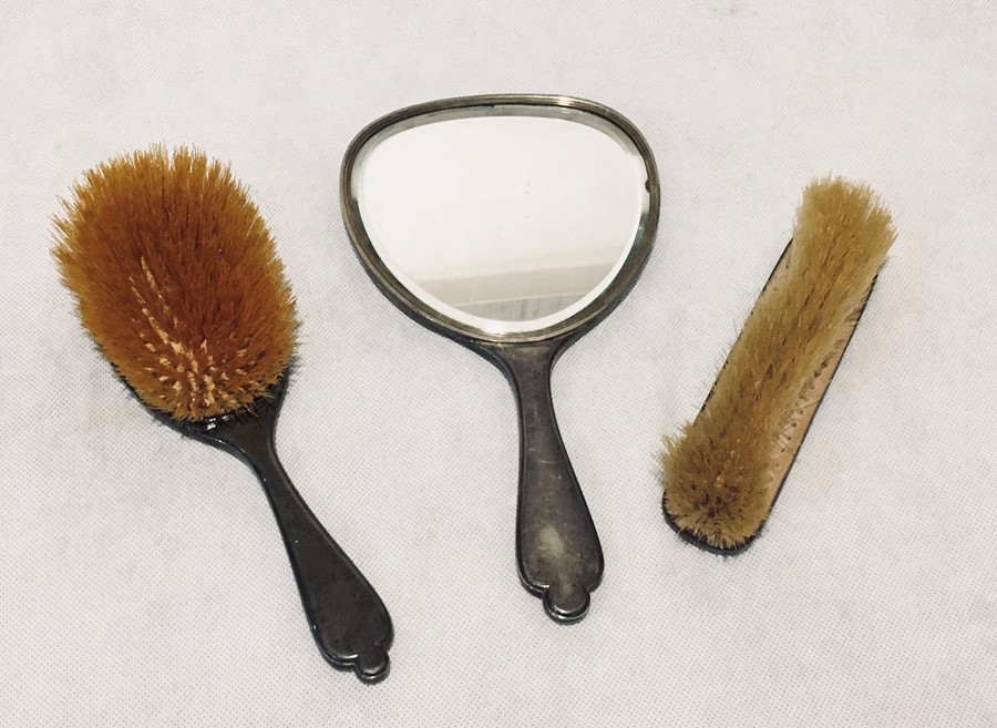 A pink guilloche enamel hallmarked silver part dressing set consisting of a mirror and two brushes, - Image 3 of 12