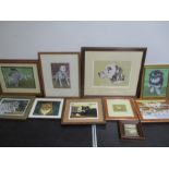 A collection of mix media paintings of mainly animal subjects, several by artist Trevor Morgan.