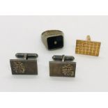 A single 14ct gold cufflink (5.8g) along with a pair of sterling silver cufflinks with Chinese motif