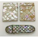 A mother of pearl card case along with one other (A/F) and a mother of pearl spectacle case (A/F)