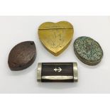 A collection of four snuff boxes including a heart shaped brass version with motto "Come Live With