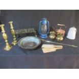 A collection of various items including a pair of eastern brass urns with silver and copper inlay