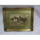 A framed watercolour of a hunting scene, unsigned. Overall size 37cm x 47cm