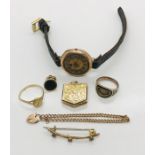 A collection of 9ct gold and gold coloured items including a 9ct gold ladies watch (A/F), Georgian